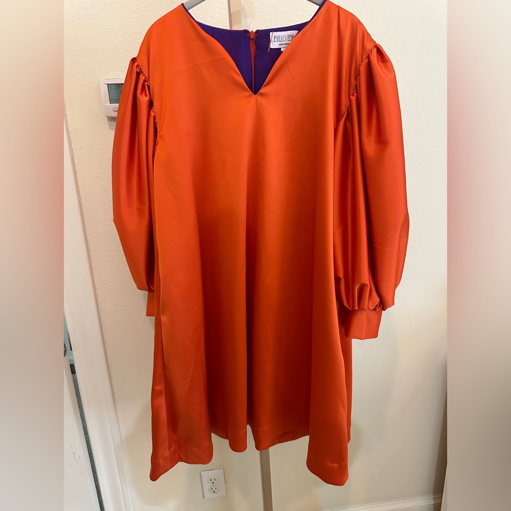 Vibrant Bello Edu Orange Women's Balloon Sleeve Satin Dress Sz 10